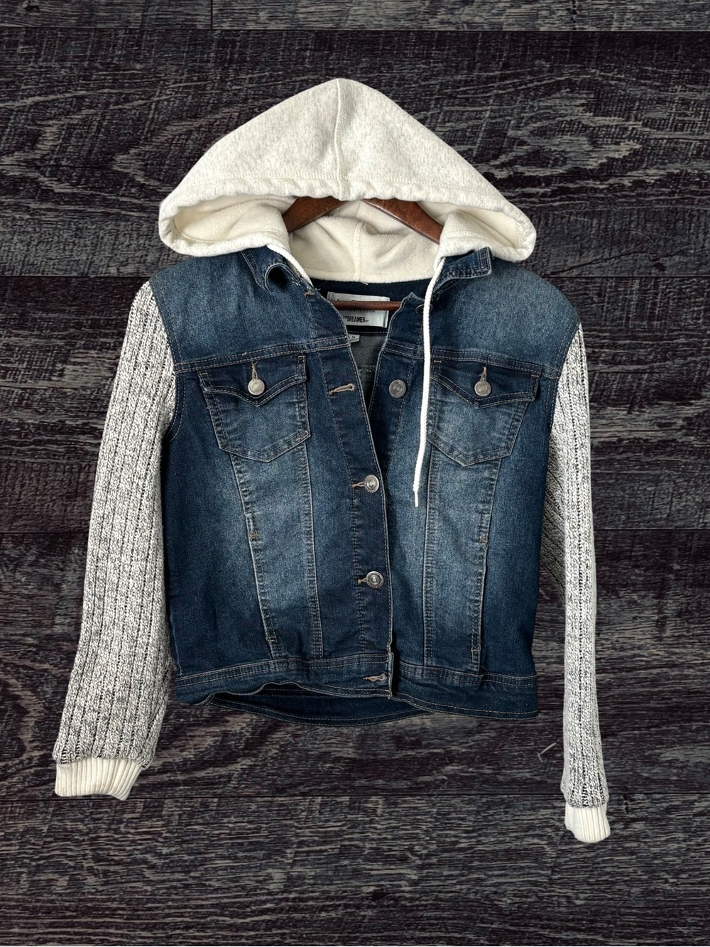 Wallflower Blue Denim Jacket with Cream Hood and Gray Knit Sleeves